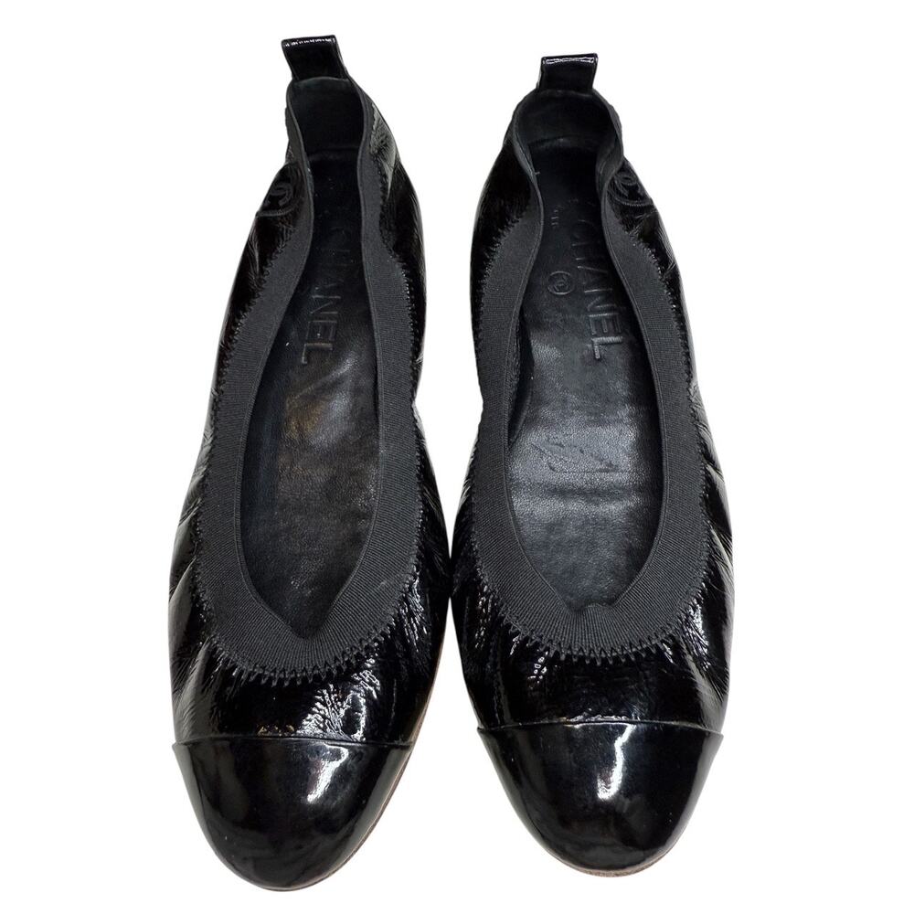 Chanel Black Patent Leather Ballet Flats – Size 36 – Cap Toe with CC Logo